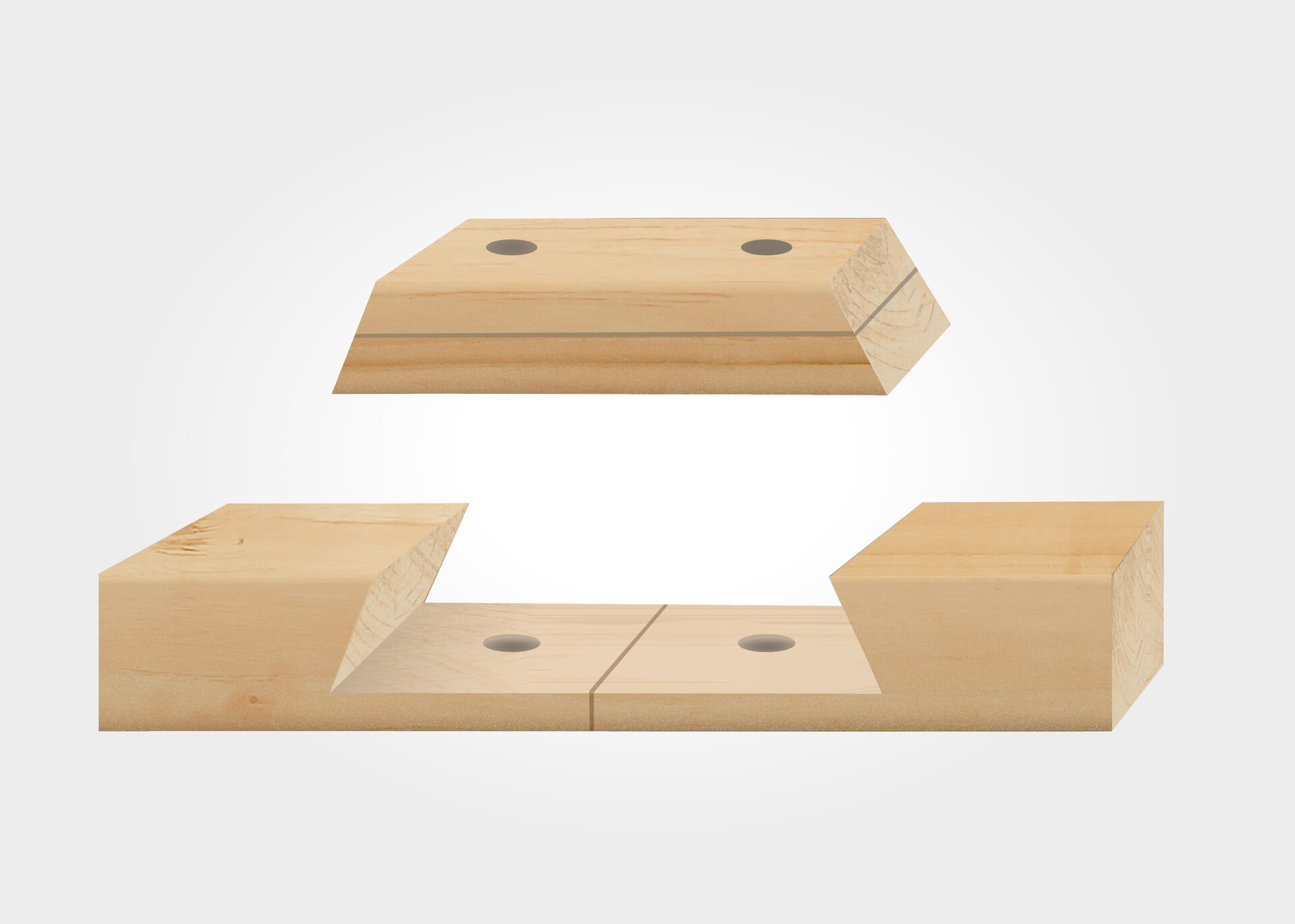 Ilustracja ukazuje złącze wrębowe na styk z nakładką ukośną. Złącze składa się z trzech części; łączone elementy zostały wycięte w taki sposób, by w miejscu wycięcia umieścić nakładkę o skośnych brzegach, jej przekrój podłużny ma kształt trapezu. We wszystkich elementach znajdują się otwory umożliwiające montaż łączników, śrub.