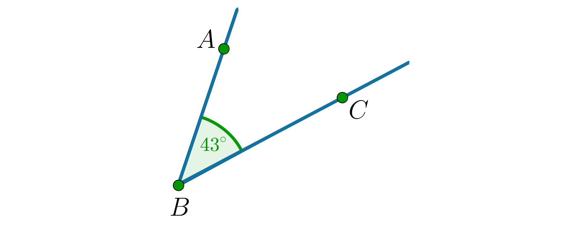 Rysunek kąta ostrego A B C. Kąt ma miarę 43 stopnie.