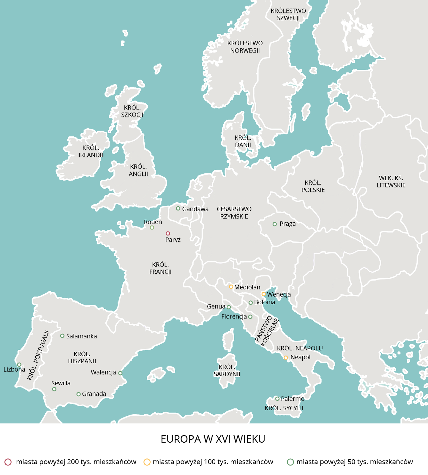 Ilustracja przedstawia mapę Europy w XVI wieku. Ukazane są miasta powyżej 50 tys. mieszkańców, są to: Praga, Rouen, Walencja, Granada, Sewilla, Salamanka, Lizbona, Palermo, Bolonia, Florencja, Genua, Gandawa. Ukazane są miasta powyżej 100 tys. mieszkańców, są to: Mediolan, Wenecja, Neapol. Ukazane są miasta powyżej 200 tys. mieszkańców, są to: Paryż.
