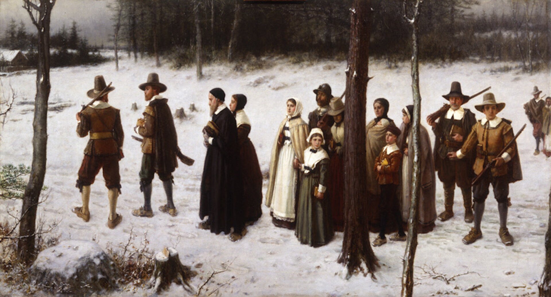 Ilustracja przedstawia grupę mężczyzn, kobiet i dzieci, którzy idą przez zaśnieżony las. Wśród nich jest jeden duchowny. Na początku i końcu grupy mężczyźni niosą strzelby.