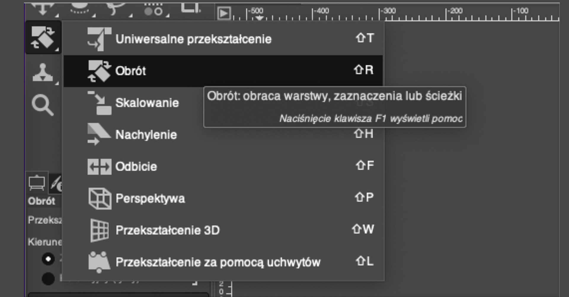 Ilustracja przedstawia fragment okna programu. Z menu bocznego wybrano ikonę dotyczącą obrotu. Z rozwiniętej listy wybrano Obrót. Obrót: obraca warstwy, zaznaczenia lub ścieżki. Naciśnięcie klawisza F1 wyświetli pomoc.    