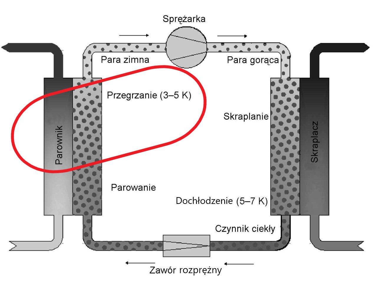Grafika przedstawia przegrzanie w układzie chłodniczym. Po lewej stronie rysunku znajduje się parownik w kształcie wydłużonego prostokąta. To w nim następuje parowanie czynnika chłodniczego, co zaznaczono szarym polem z ciemniejszymi kropkami. Przy parowniku mierzy się przegrzanie, które jest oznaczone na rysunku podpisem: Przegrzanie, 3‑5 kelwinów i wskazane czerwoną otoczką. Od parownika, przewodem skierowanym w prawą stronę, do sprężarki przedostaje się para zimna, co zaznaczono strzałką. Sprężarka jest przedstawiona za pomocą symbolu: koła z dwiema liniami przecinającymi je ukośnie. Od sprężarki w prawo, zgodnie z kierunkiem strzałki, przepływa sprężona para gorąca i trafia do skraplacza, który na rysunku oznaczony jest podobnie jak parownik: jako wydłużony prostokąt, w którym skraplanie przedstawione jest jako ciemne kropki na szarym tle. W skraplaczu mierzy się dochłodzenie, w miejscu, które na rysunku zostało oznaczone podpisem: Dochłodzenie 5‑7 kelwinów. Ze skraplacza, w lewo, zgodnie z kierunkiem strzałki czynnik chłodniczy w postaci ciekłej przepływa do zaworu rozprężnego. Zawór jest przedstawiony symbolem graficznym: prostokątem, który przecinają dwie ukośne linie. Przez zawór rozprężny czynnik chłodniczy z powrotem trafia do parownika i cykl chłodniczy powtarza się.