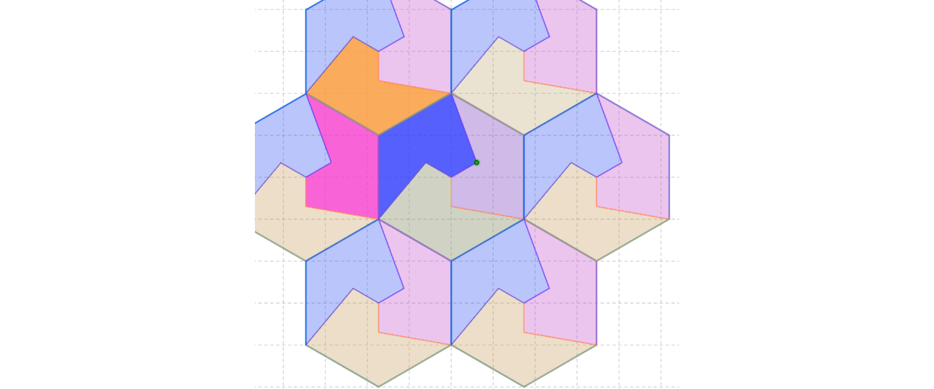 Na rysunku znajduje się mozaika ułożona z różnokolorowych sześciokątów wklęsłych. Trzy sześciokąty wklęsłe tworzą sześciokąt foremny.