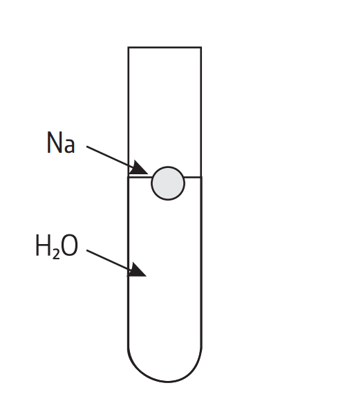 Ilustracja przedstawia schemat reakcji sodu z wodą. Do probówki z wodą wrzucono sód, który unosi się na jej powierzchni.