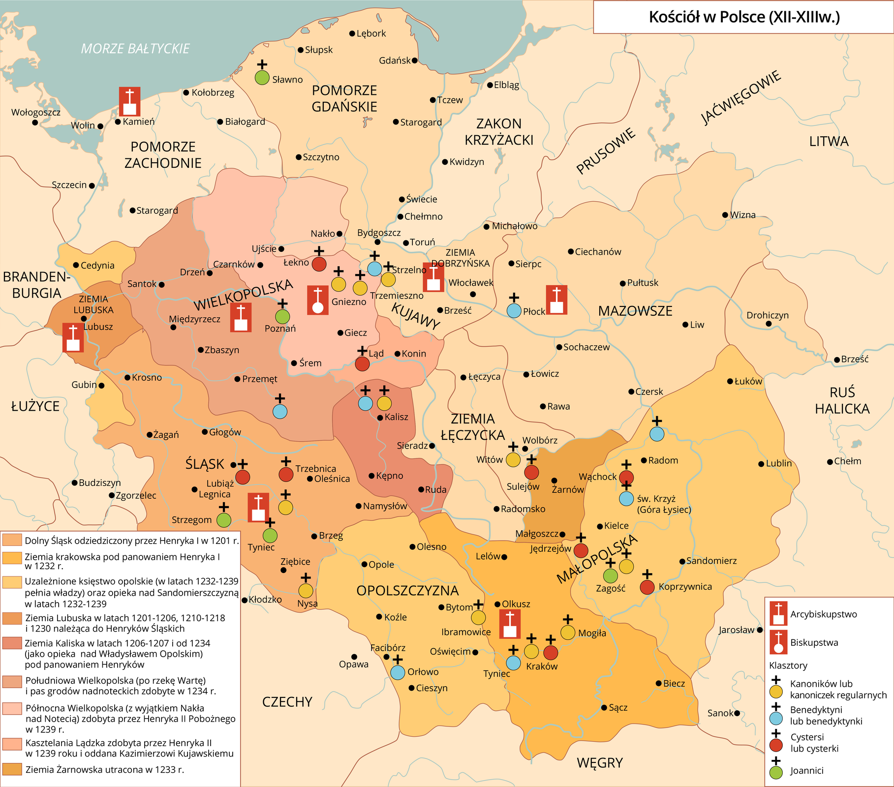 Mapa przedstawia sytuację kościoła w Polsce od dwunastego do trzynastego wieku. Arcybiskupstwa znajdowały się na Mazowszu, Kujawach, zachodniej Małopolsce, zachodniej Wielkopolsce, na Śląsku, ziemi lubuskiej i Pomorzu Zachodnim. Siedziba biskupstwa znajdowała się w Gnieźnie. Klasztory kanoników lub kanoniczek regularnych znajdowały się w Zagościu, Mogile, Krakowie, Witowie, Ibramowicach, Kaliszu, Nysie, Gnieźnie, Trzemiesznie,  Klasztory benedyktynów lub benedyktynek znajdowały się w Radomiu, Tyńcu, Płocku, Orłowie, Kaliszu i Strzelnie. Klasztory cystersów lub cysterek znajdowały się w Krakowie, Koprzywnicach, Wąchocku, Jędrzejowie, Sulejowie, Lądzie, Trzebnicy, Lubiążu i Łeknie. Klasztory Joannitów znajdowały się w Zagościu, Tyńcu, Strzegomiu, Poznaniu i Sławnie.