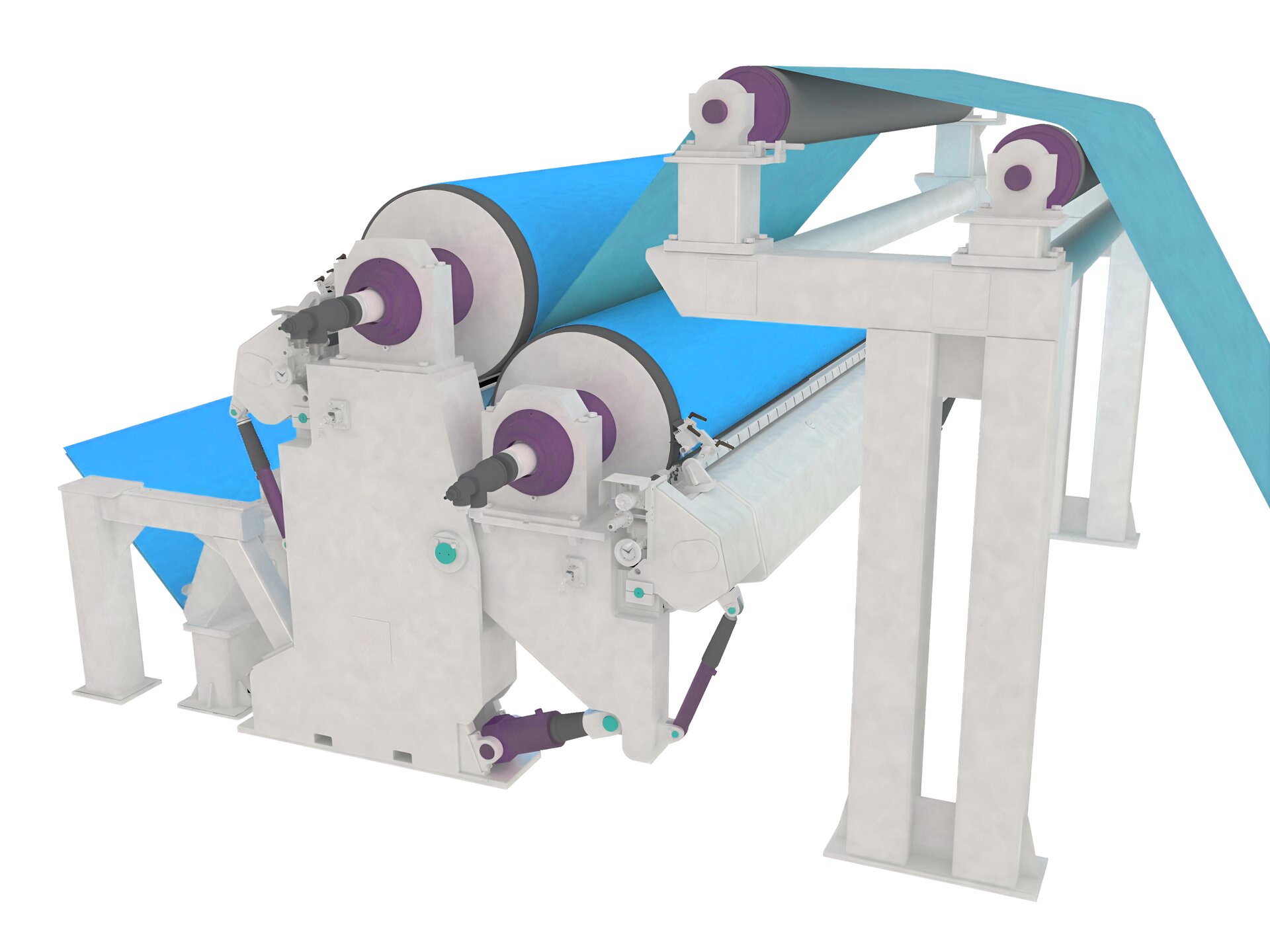 Na grafice widoczna jest prasa zaklejająca. Posiada ona dwa większe wałki, przez które przechodzi wstęga.