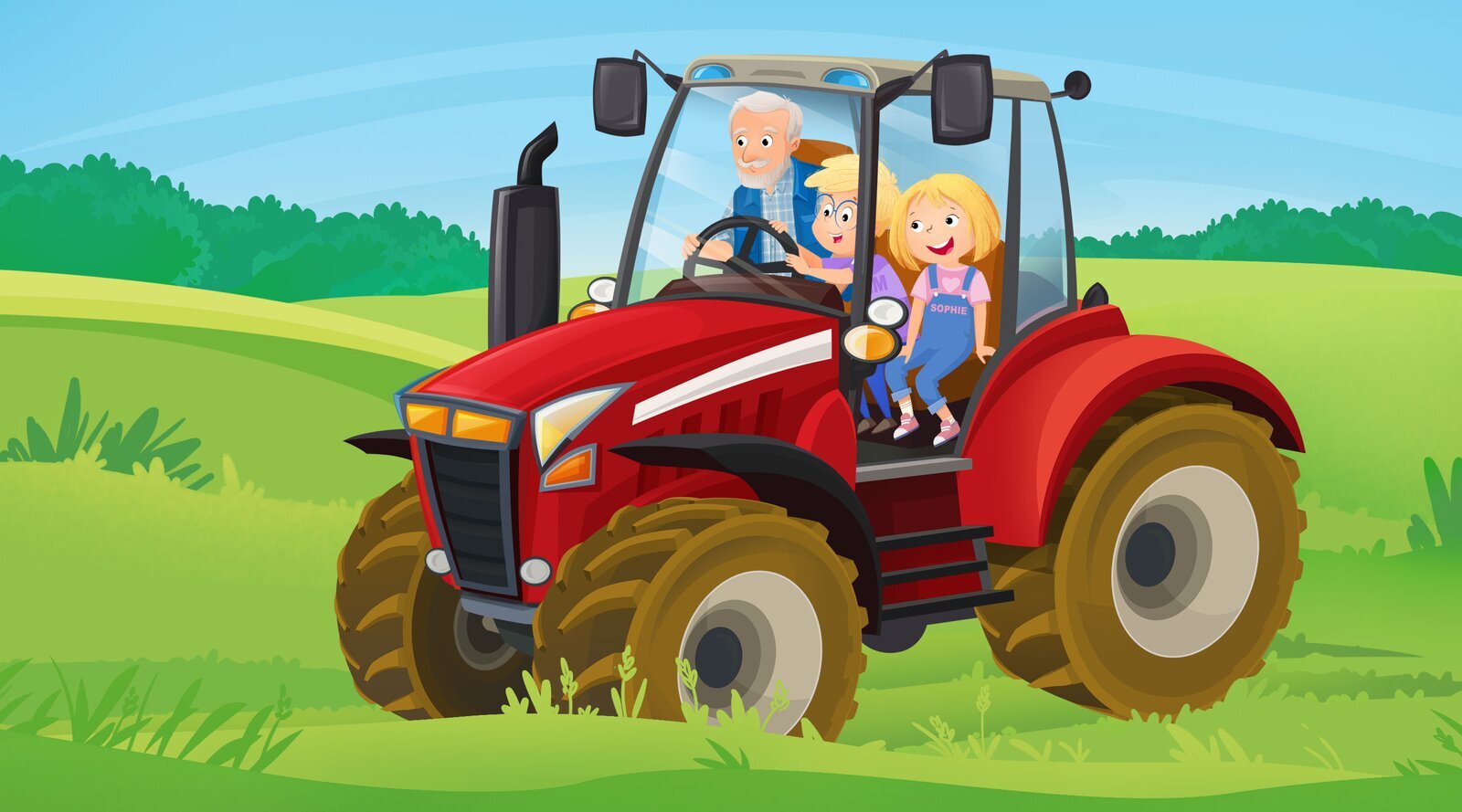 Na ilustracji znajduje się dzieci jadące traktorem.