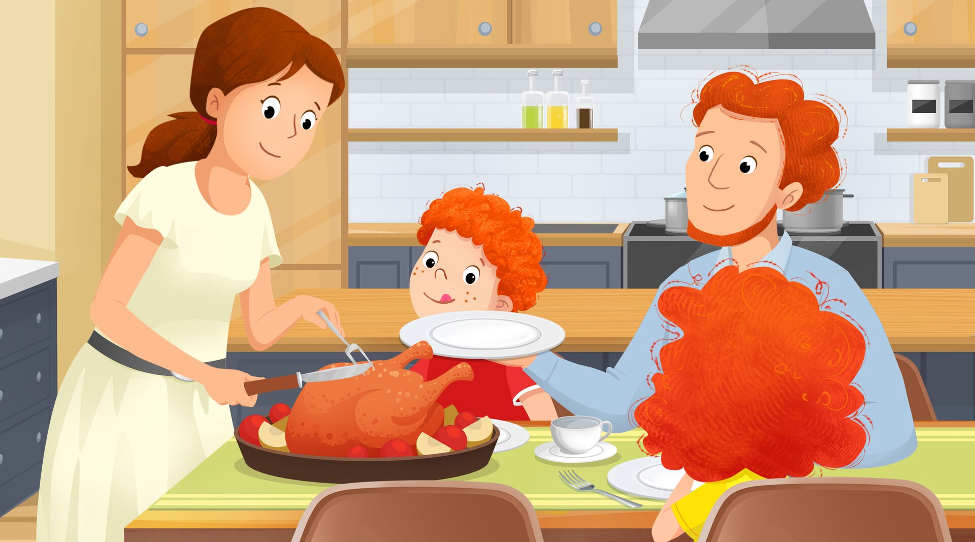 Ilustracja przedstawia rodzinę siedzącą przy stole. Mama kroi i podaje pieczoną gęś.