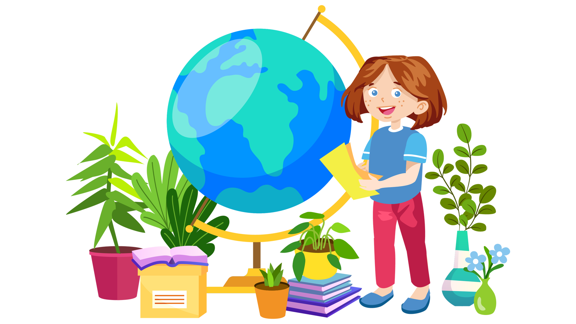 Ilustracja przedstawia duży globus. Dookoła niego znajdują się liczne rośliny w kolorowych doniczkach i wazonach. Po lewej stronie stoi żółte pudełko z pokrywką, na którym leży otwarta książka. Na środku jest stos trzech kolejnych książek. Po prawej stronie ilustracji stoi uśmiechnięta Maja. Jest ubrana w niebieską koszulkę z krótkimi błękitnymi rękawami, długie ciemnoróżowe spodnie i ciemnoniebieskie buty. W rękach trzyma dwie żółte kartki.
