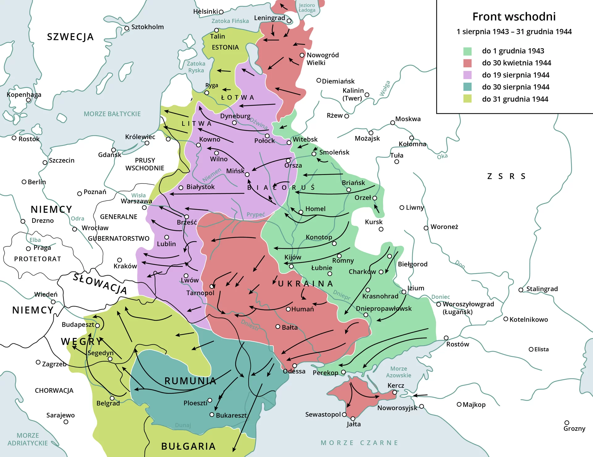 Ilustracja przedstawia front wschodni w Europie od 1 sierpnia 1943 do 31 grudnia 1944. Front do 1 grudnia 1943 obejmuje obszar nad Dnieprem wschodniej Ukrainy z miastami Kijów, Charków, Perekop oraz wschodniej Białorusi z miastami Smoleńsk i Witebsk. Front do 30 kwietnia 1944 obejmuje tereny wschodniej Estonii, zachodniej Ukrainy oraz Krymu. Front do 19 sierpnia 1944 obejmuje obszar Łotwy i Litwy z miastami Kowno i Wilno, zachodniej Białorusi z miastem Mińsk, wschodniej Polski z miastami Brześć, Lublin, Białystok, Lwów. Front do 30 sierpnia 1944 obejmuje obszar Rumunii z miastami Ploeszti i Bukareszt. Front do 31 grudnia 1944 obejmuje obszar Bułgarii, wschodniej części Bałkanów oraz wschodniej części Węgier z miastem Budapeszt.
