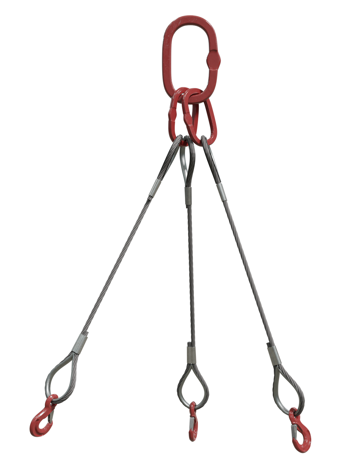 Na zdjęciu przedstawione jest zawiesie linowe trzycięgnowe zakończone hakami z zabezpieczeniem. Na zdjęciu widać trzy zawiesia linowe. Podstawą zawiesia jest stalowa lina. Splotki liny nachodzą na siebie tworząc strukturę zbliżoną do warkocza. Na dole i górze zdjęcia lina zakręca tworząc pętle. Końcówka liny po obu stronach jest spięta z główną części liny w okolicach początku pętli, stalową obejmą. Obejma jest zbliżona kształtem do cyfry osiem. Lina formująca, oczka w pętli przylega do kauszy czyli kształtki metalowej. Klausza zbliżona jest kształtem do łzy.W górnej części zdjęcia trzy zawiesia są zaczepione zbiorczo na dwóch czerwonych ogniwach. Na lewym ogniwie zaczepione są dwa zawiesia, a na prawym ogniewie jedno zawiesie. Dwa małe ogniwa są zaczepione zbiorczo z dużym ogniwem.  Wszystkie ogniowa są o kształcie eliptycznym.W dolnej części zdjęcia na trzech dolnych pętlach znajduje się czerwony hak. Hak wyposażony jest w zapadkę zamykającą ucho.