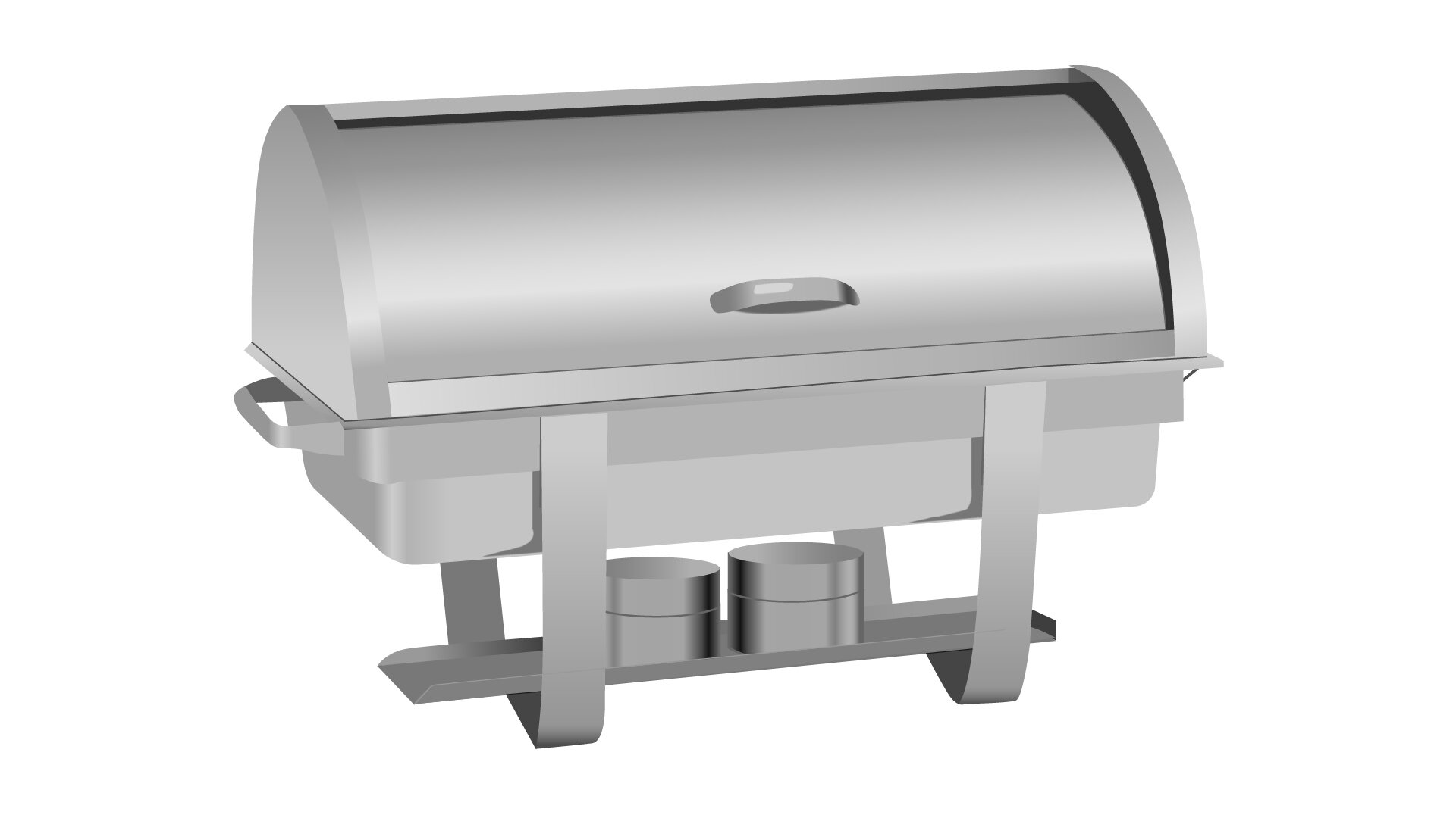 Grafika przedstawia podgrzewacz do potraw gorących. Widoczny jest długi korpus przedstawiony w ujęciu frontalnym, złożony z półcylindrycznej pokrywy z poziomym uchwytem pośrodku, w dolnej części oraz prostopadłościennego pojemnika z dwoma poziomymi uchwytami na krótszych bokach. Poniżej widoczny są na froncie dwie taśmowate nóżki, a z lewej tylnej strony fragment jednej nóżki, Pomiędzy nimi przebiega prostokątna wąska podstawka, na której widoczne są dwa krótkie cylindry obrazujące podgrzewacze.