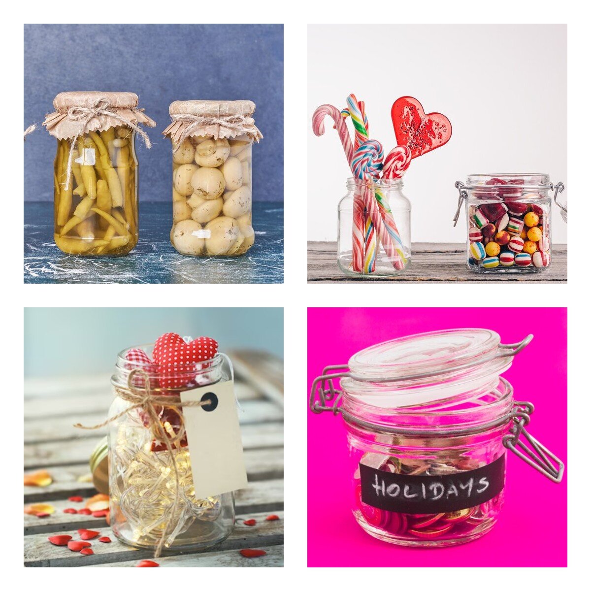 Ilustracja składa się z czterech zdjęć. W lewym górnym rogu widoczne jest zdjęcie przedstawiające dwa szklane słoiki stojące na blacie, w których widoczne są piklowane warzywa. W prawym górnym rogu widoczne jest zdjęcie przedstawiające, po lewej stronie, stojący na blacie: słoik z kolorowymi lizakami, zaś po prawej szklane opakowanie wypełnione kolorowymi cukierkami. W lewym dolny rogu widoczne jest zdjęcie przedstawiające słoik wypełniony zaświeconym łańcuchem lampek oraz materiałowymi czerwonymi serduszkami w kropki i kratkę. W prawym dolny rogu widoczne jest zdjęcie przedstawiające słoik czymś wypełniony, z czarną etykietą z odręcznym napisem z białych liter w języku angielskim: HOLIDAYS.