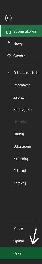 Ilustracja przedstawia pionowy ciemny prostokąt, tam wybrano Stronę główną, a na dole paska wskazano Opcje.