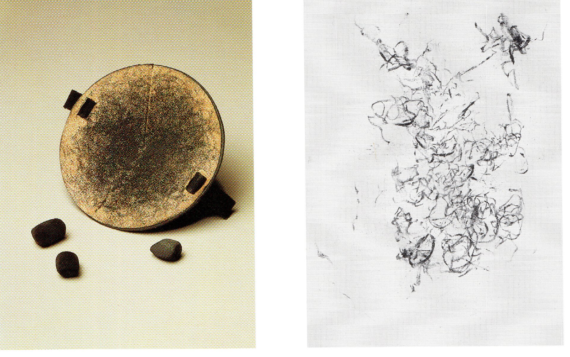 Ilustracja przedstawia nietypowe narzędzie rysunkowe. Sporządzone zostało poprzez przyklejenie kawałków węgli do płaskiego uchwytu od spodu mającego kształt koła. Po prawej stronie znajduje się kartka ze śladami pozostawionymi przez to narzędzie. Są to krótkie, urywane i nieregularne kreski, prowadzone w różnych kierunkach.