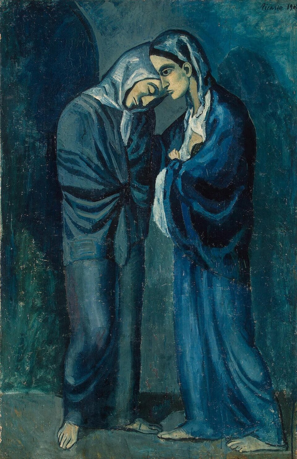 HS‑178‑FOTO3 Ilustracja przedstawia obraz Pablo Picasso pt. „Dwie siostry”. Na obrazie znajdują się dwie kobiety - siostry. Ubrane są w długie szaty. Jedna z nich ma zamknięte oczy i głowę przechyla w stronę siostry. Za kobietami widoczne jest ciemne tło.