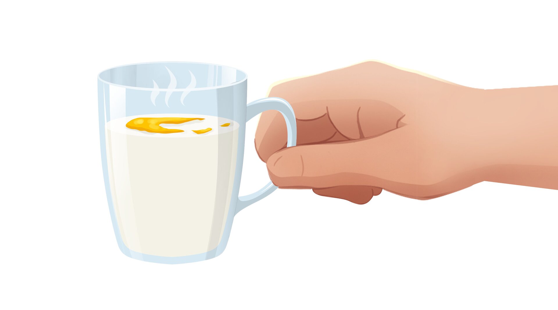 Na ilustracji znajduje się gorące mleko z miodem.