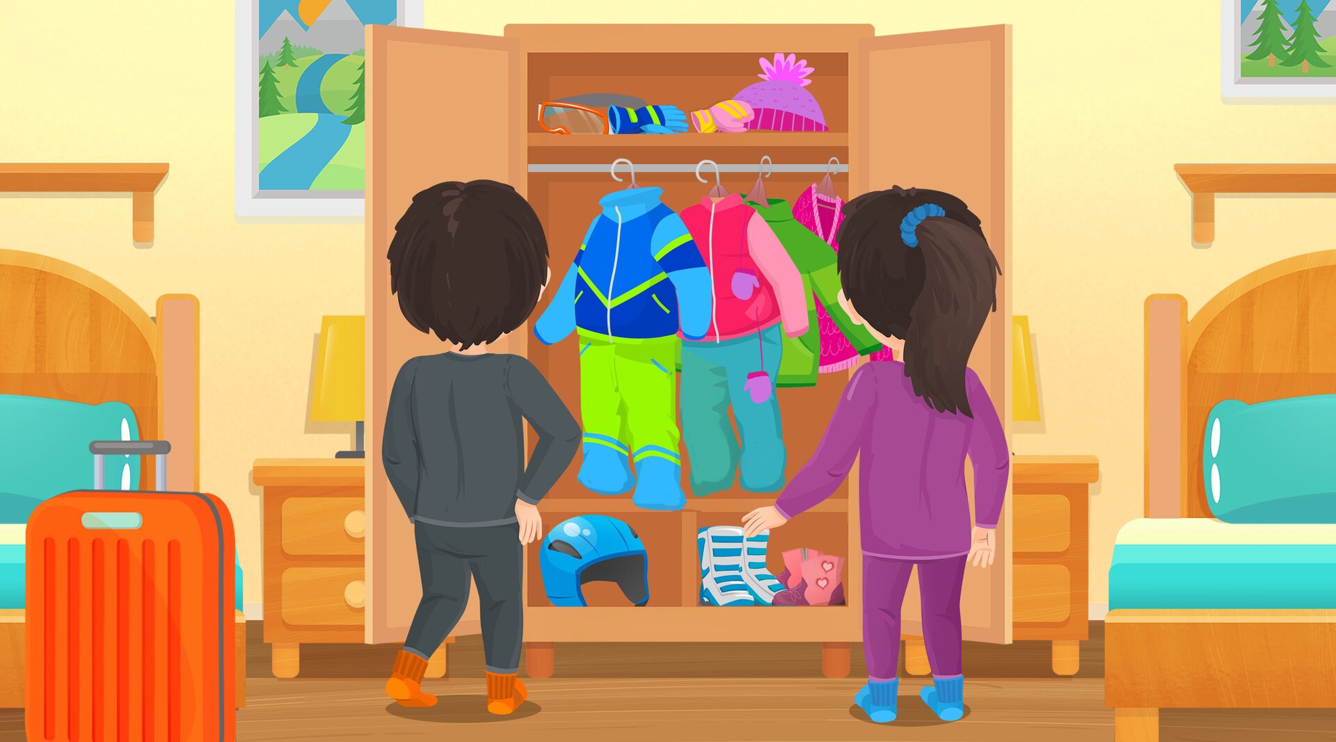 Na ilustracji znajduje się dwójka dzieci stojąca przed szafą z ubraniami.