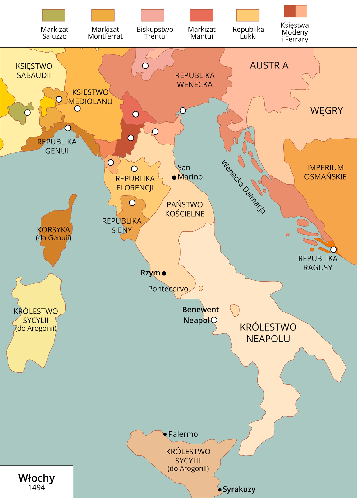 Mapa przedstawia Włochy w 1494 roku. Podział: Królestwo Sycylii (do Arogonii), Korsykę (do Genuii), Królestwo Neapolu, Państwo Kościelne, Republika Sieny, Republika Florencji, Księstwo Mediolanu, Republikę Wenecką. Większe miasta: Palermo, Syrakuzy, Neapol, Rzym, San Marino.