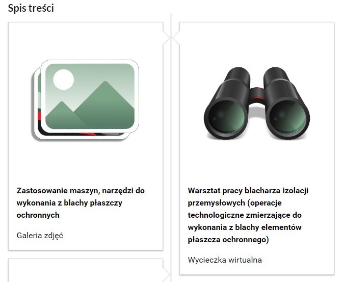 Grafika przedstawia fragment spisu treści. Po lewej stronie, w prostokątnej ramce znajduje się rysunek zdjęć, poniżej umieszczono tytuł galerii zdjęć. Po prawej stronie umieszczono rysunek lornetki, który symbolizuje wycieczkę wirtualną.