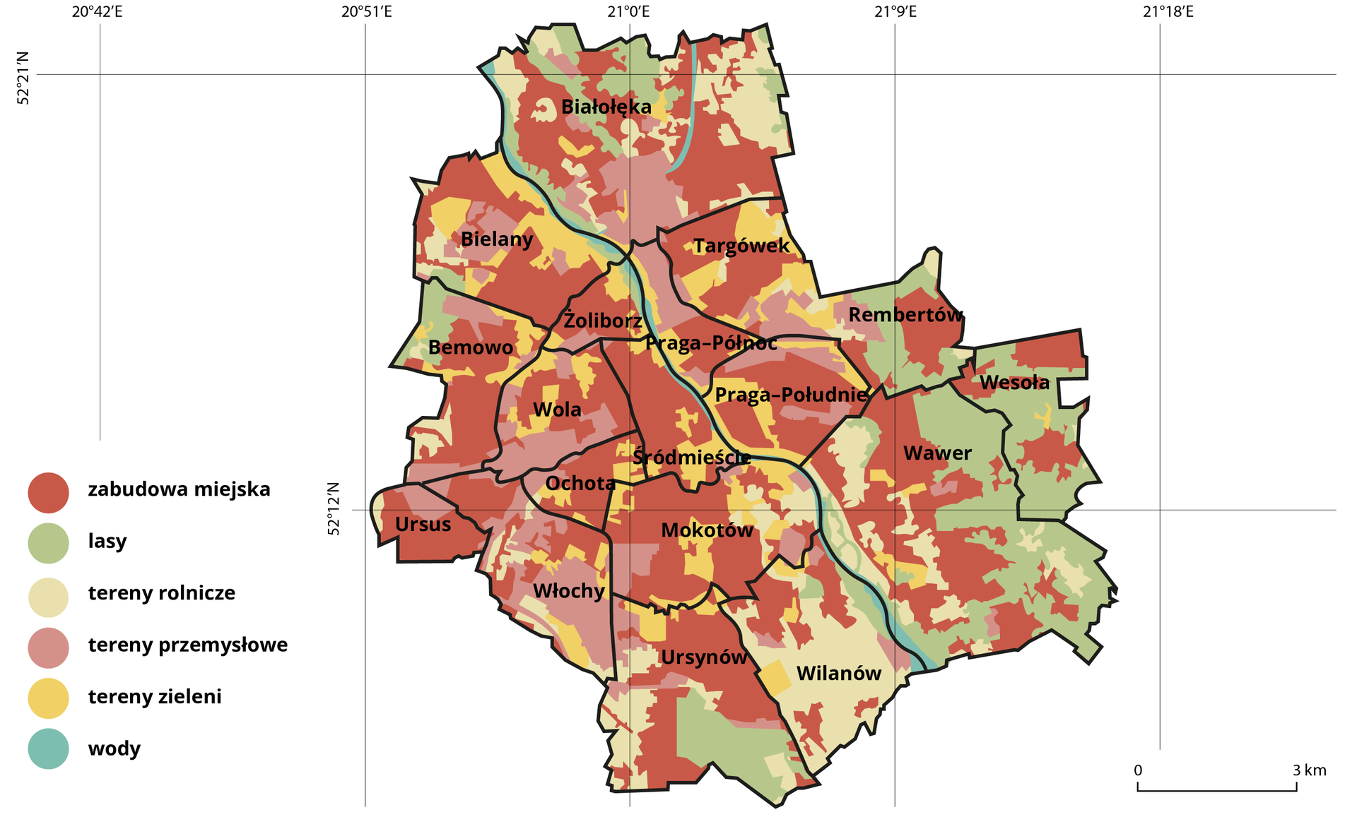 Mapa Warszawy z oznaczonymi kolorami typami użytkowania powierzchni. Dominuje zabudowa miejska, między nią pojawiają się tereny zieleni. Pośród zabudowy miejskiej znajdują się również liczne tereny przemysłowe. Jako wody oznaczono Wisłę i Kanał Żerański. Lasy i tereny rolnicze występują w południowej i południowo‑wschodniej części miasta, gdzieniegdzie również na północnych krańcach.