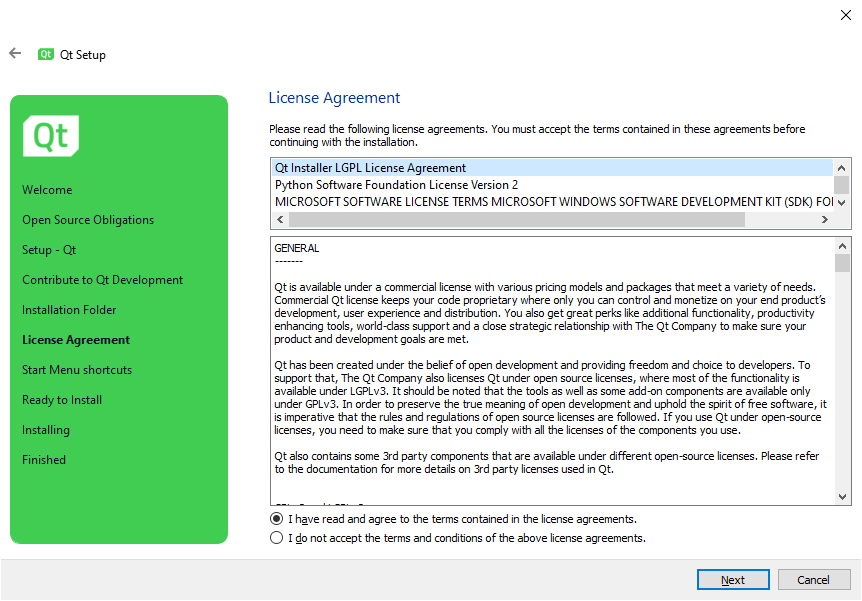 Zrzut ekranu przedstawia instalator Qt.  krok szósty License Agreement.  W oknie znajdują się informacje o umowie licencyjnej.  W oknie zaznaczono opcję:  I have read and agree to the terms contained in the license agreements. 