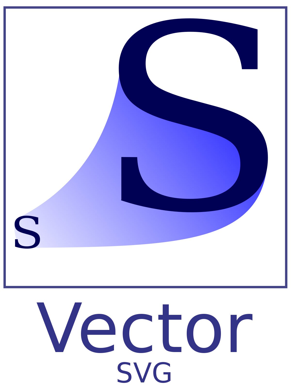 Grafika przedstawia ikonę grafiki wektorowej. W biały, pionowo ustawiony prostokąt, w górnej części wpisane są granatowe kontury kwadratu, w który wpisana jest w lewym dolnym narożniku mała litera s, w prawej części – duża litera S. Od połowy dużej litery do małej litery biegnie fioletowy pas. Poniżej kwadratu, pośrodku, widoczny napis Vector, a pod nim napis SVG.  