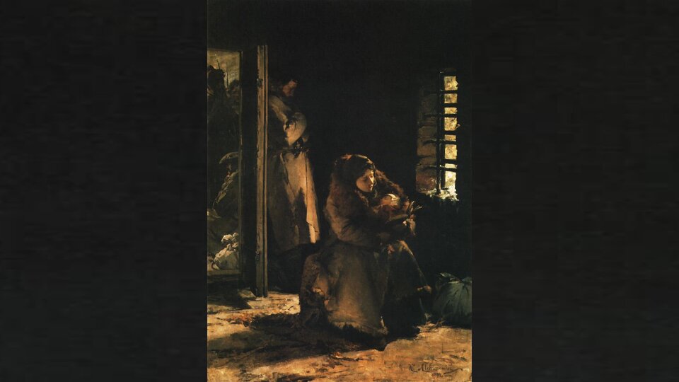 Obraz przedstawia wnętrze ciemnego pomieszczenia. Na środku siedzi kobieta okryta grubym futrem. Na rękach trzyma owinięte małe dziecko.  Z tyłu oparty o futrynę drzwi stoi mężczyzna w długim płaszczu. Przez zakratowane okno bez szyb wpada do pomieszczenia trochę światła.