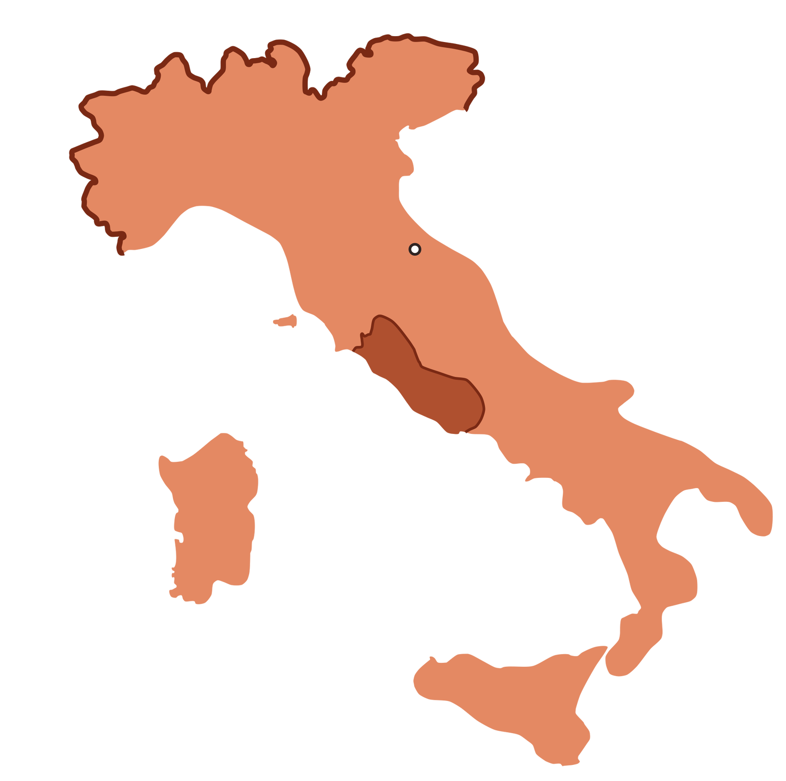 Ilustracja przedstawia Włochy w kształcie zbliżonym do obecnego. Odmiennym kolorem zaznaczony jest obszar Rzymu oraz jego okolic.