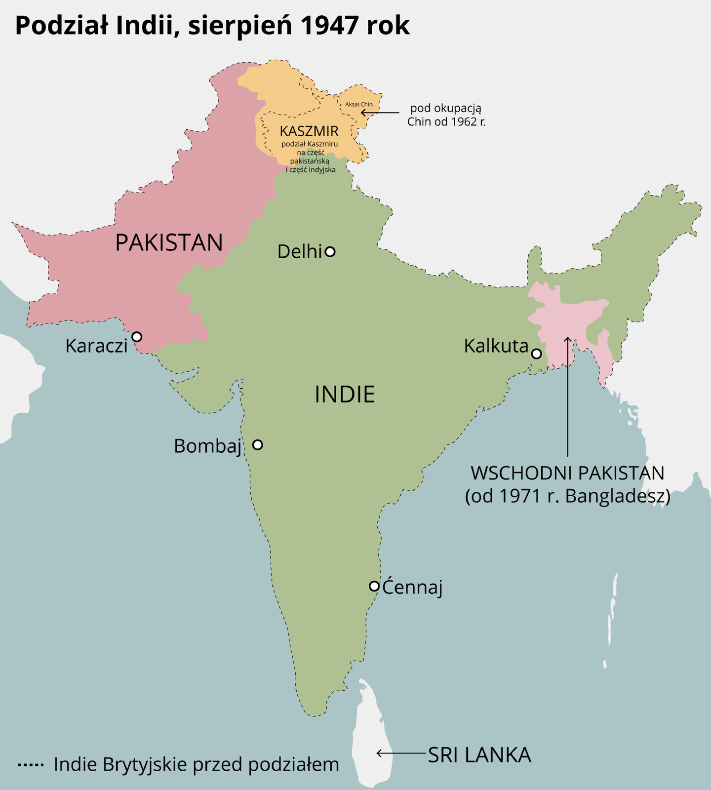 Mapa konturowa przedstawia obszar Indii przed i po podziale w sierpniu 1947 roku. W wyniku podziału z dotychczasowego terytorium Indii utworzono: na północnym‑zachodzie Pakistan z ośrodkiem w Karaczi, na północy ówczesnych Indii - Kaszmir, który został podzielony na część pakistańską i część indyjską. Kaszmir od 1962 roku znalazł się pod okupacją Chin. Na Wchód od Kalkuty (miasta należącego do Indii) powstał Wschodni Pakistan, który od 1971 roku stał się Bangladeszem. Poza Indiami z ośrodkami w Delhi, Kalkucie, Bombaju i Cenna, na mapie wskazano jeszcze Sri Lanke czyli Cejlon.