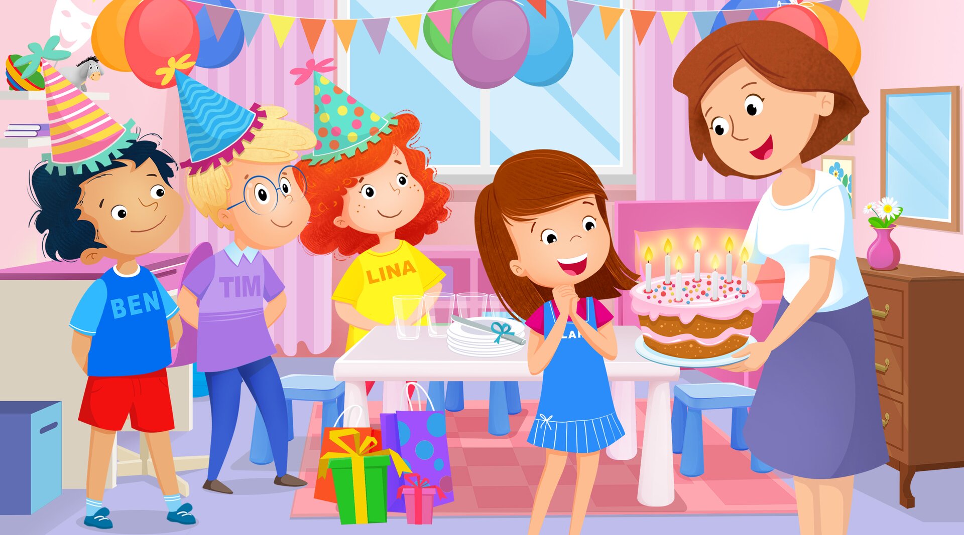 Ilustracja przedstawia przyjęcie urodzinowe Klary. Ben, Tim i Lina mają na głowach czepeczki urodzinowe. Mama Klary przynosi tort ze świeczkami. Pokój jest ozdobiony balonami, przy stole leżą prezenty.