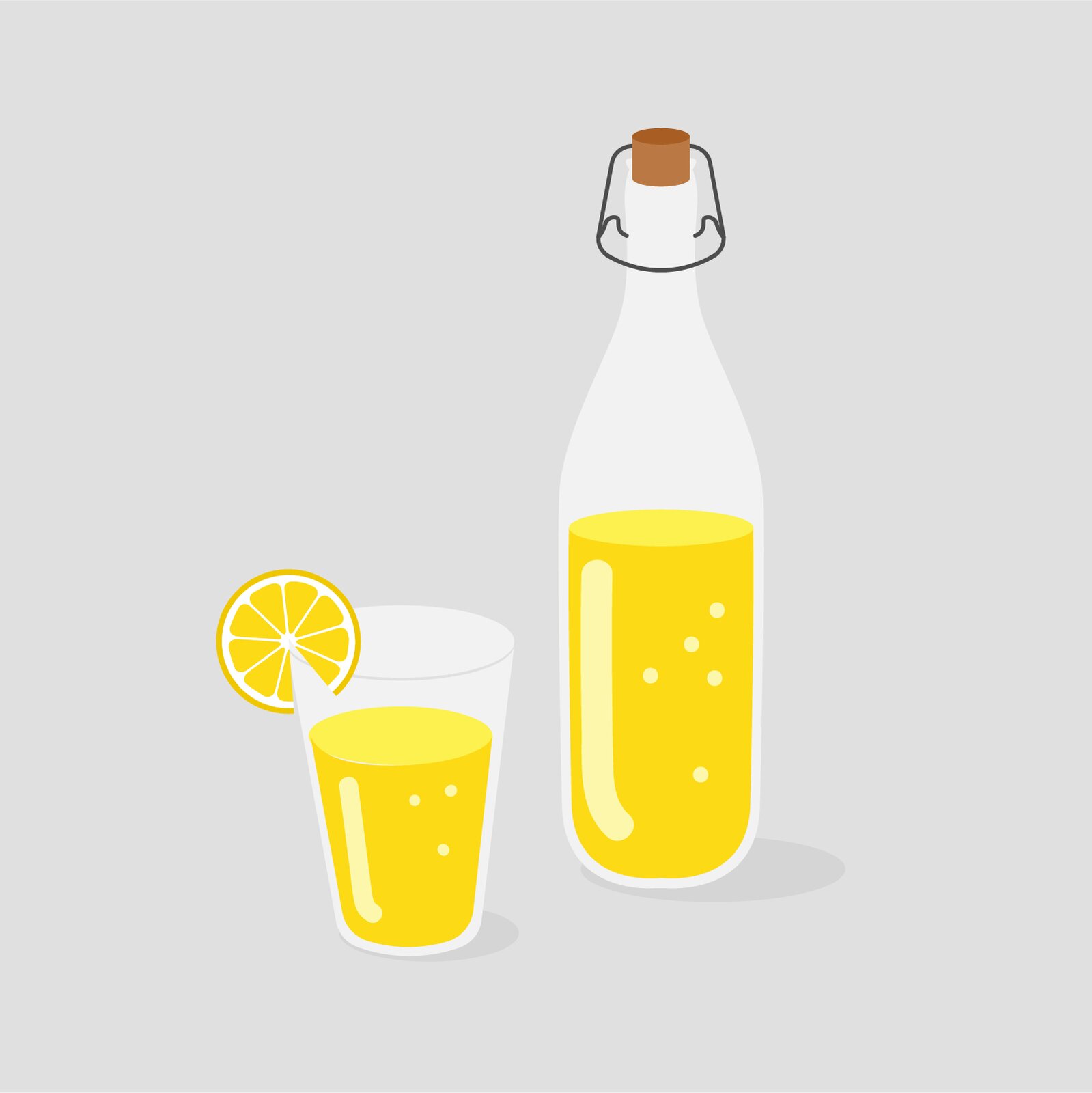 Ilustracja przedstawia lemoniadę cytrynową w butelce oraz szklankę lemoniady z plasterkiem cytryny.