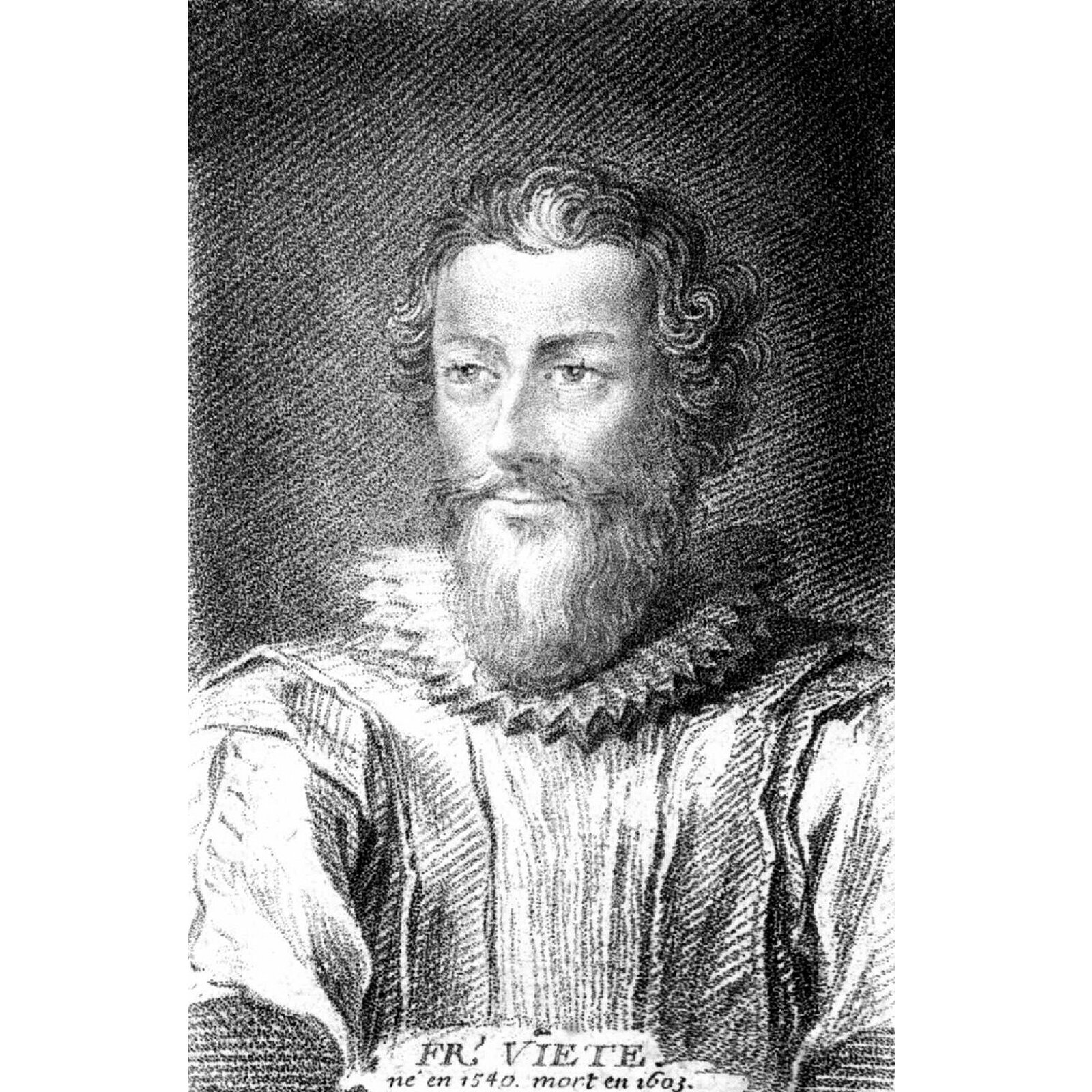 Rycina przedstawia mężczyznę w średnim wieku, w lokach do ucha, z wąsami i brodą na całą długość szyi. Mężczyzna ma ubiór charakterystyczny dla wieku szesnastego. Na dole ryciny znajduje się podpis Fr. Viete oraz zapisane poniżej po łacinie jego data urodzenie i śmierci, czyli lata 1540 oraz 1603.