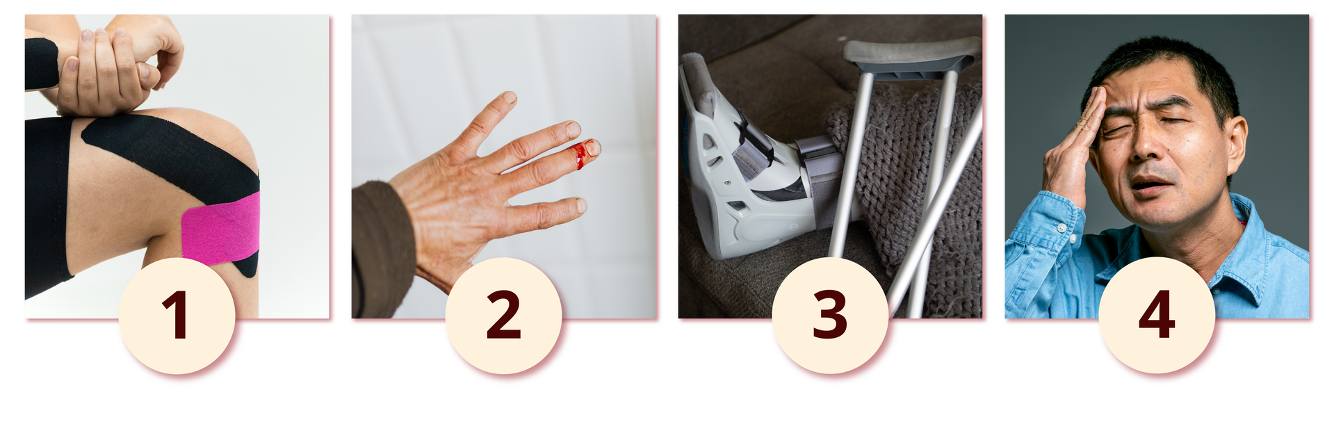 Ilustracja przedstawia cztery zdjęcia. 1. kolano oklejone taśmami. 2. Skaleczony palec. 3. unieruchomiona stopa, obok kula. 4. mężczyzna trzymający się za czoło.