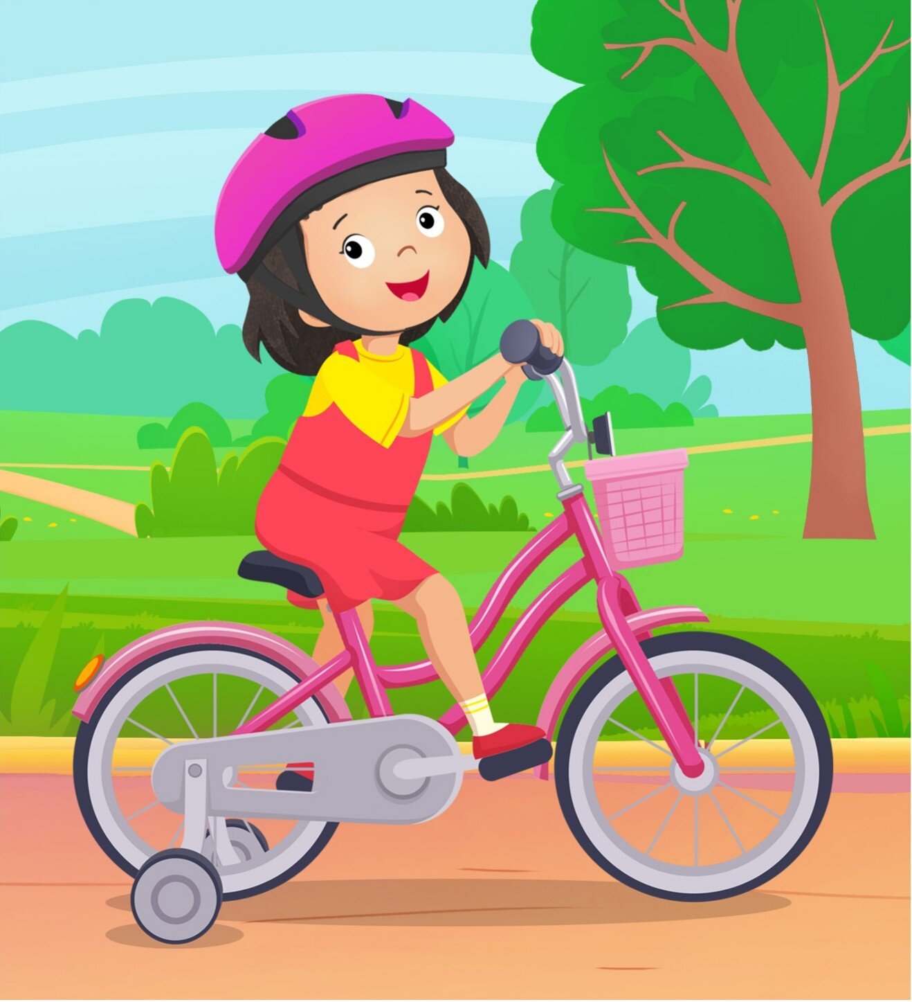 Ilustracja przedstawia dziewczynkę. To Lea jadąca na rowerze.