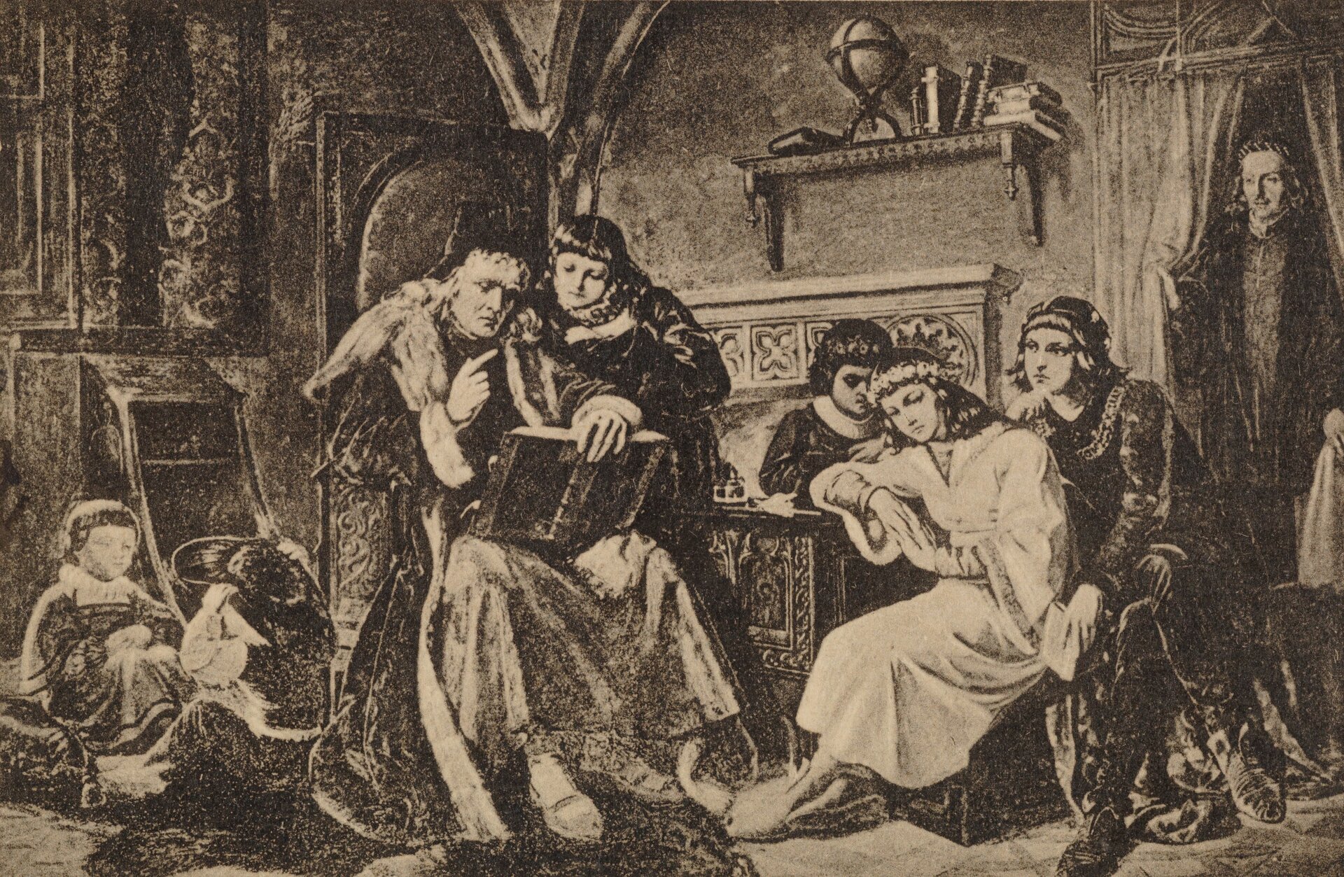 Obraz ukazuje Jana Długosza w otoczeniu synów królewskich podczas nauki. Po prawej stronie jest widoczny w wejściu do komnaty Kazimierz IV Jagiellończyk, przyglądający się scenie. Dalej siedzą synowie Władysław, opierający na brodzie prawą dłoń, oraz Kazimierz, łamiący na piersiach dłonie. Za nim stoi Aleksander. W centrum obrazu znajduje się siedzący na wysokim krześle imitującym tron Jan Długosz. Ubrany jest w odzienie naśladujące królewski strój - gronostajowy płaszcz. Na głowie ma czapkę kanonika. Przed nim na kolanach jest otwarta Biblia, którą trzyma lewą dłonią. Podnosi wskazujący palec prawej dłoni. Z jego lewej strony pochyla się nad nim Olbracht. Po lewej stronie obrazu siedzą na podłodze zajęci zabawą Fryderyk, próbujący przymierzyć kapelusz kardynalski, oraz Zygmunt. W tyle za nimi znajduje się klęcznik przed wiszącym na ścianie obrazem. Po drugiej stronie sklepionej gotycko sali, przy wejściu od prawej strony na ścianie, jest pólka z globusem oraz ośmioma książkami.