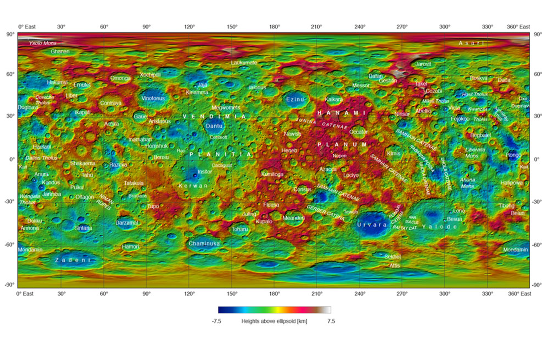 Rys. 7. Zdjęcie poglądowe przedstawia pełną mapę topograficzną w kolorze. Zaznaczono charakter struktur i rejonów za pomocą następujących kolorów: kolorem niebieskim oznaczono rejony o wysokości 7,5 kilometra poniżej powierzchni, natomiast kolorem białym najwyższe szczyty. Kolorem zielonym i żółtym zaznaczono stopniowo wyższe wysokości niż kolorem niebieskim. Kolor pomarańczowy i czerwony zbliża nas do wysokości 7,5 kilometra ponad powierzchnią planety. Powierzchnia Ceres jest zróżnicowana i nierównomierna.