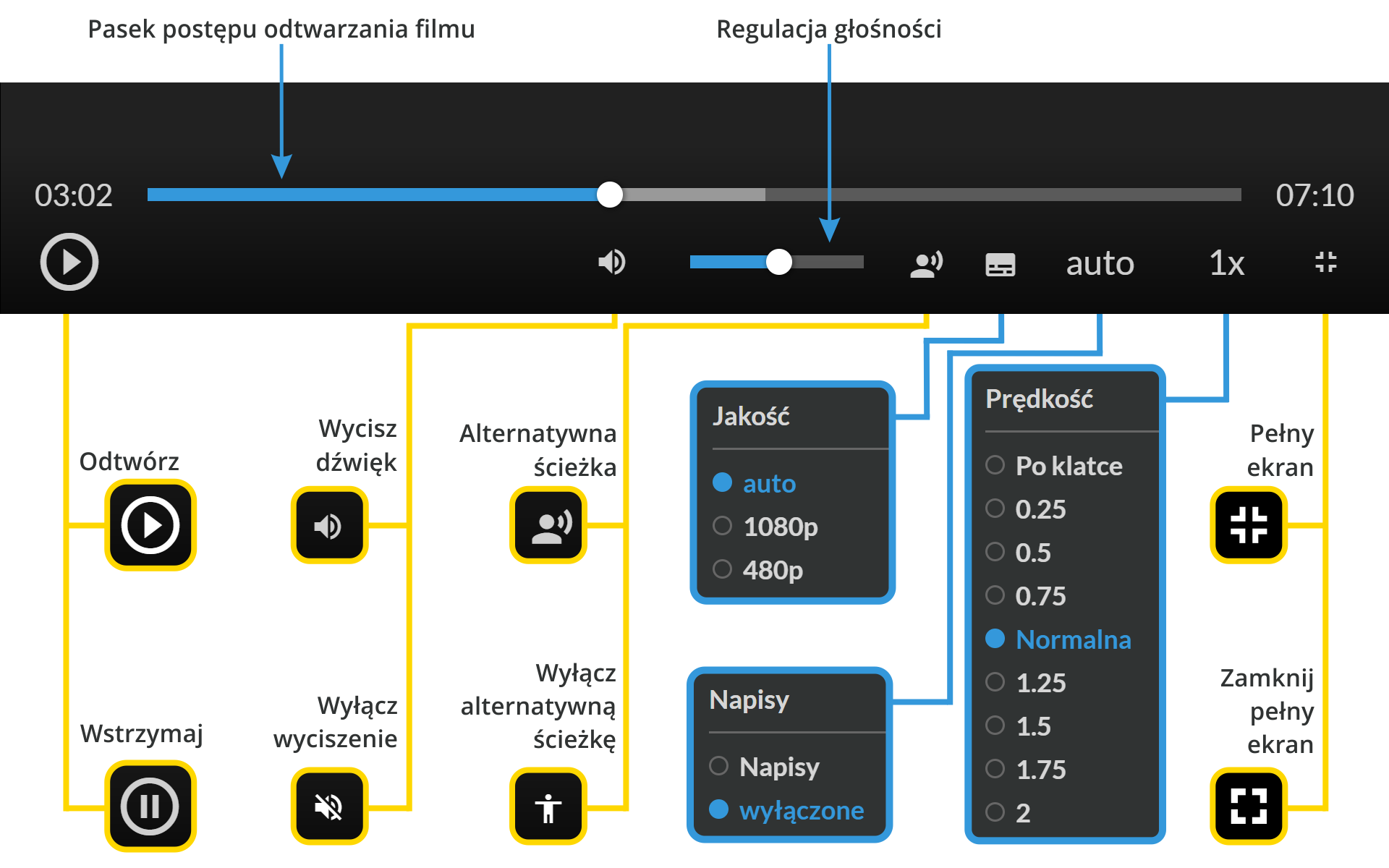 Ilustracja przedstawia panel użytkownika w odtwarzaczu filmów z opisaną funkcjonalnością poszczególnych przycisków. Pasek postępu z przyciskami odtwórz i wstrzymaj. Pasek regulacji głośności z przyciskiem włączania i wyłączania dźwięku. Kolejne przyciski włączają i wyłączają: alternatywną ścieżkę, napisy, jakość obrazu, prędkość odtwarzania, pełny ekran.