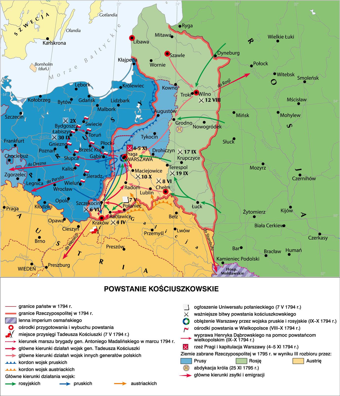 Mapa działań wojennych podczas insurekcji kościuszkowskiej w 1794 r. Granica Rzeczpospolitej w 1794 r. obejmowała: Małopolskę, Lubelszczyznę, Mazowsze, Podlasie, dzisiejsze tereny Litwy, Białorusi, Ukrainy. Ośrodki przygotowania i wybuchu powstania: Kraków, Chełm, Praga, Wilno, Szawle, Libawa. W Krakowie Tadeusz Kościuszko złożył przysięgę (7 V 1794 r.). Kierunek marszu brygady gen. Antoniego Madalińskiego w marcu 1794 r.: z terenów na północ od Warszawy w kierunku zachodnim od Warszawy. Obok Szczekocin do Krakowa. Główne kierunki działań wojsk gen. Tadeusza Kościuszki: z Krakowa do Racławic, a później do Połańca i Szczekocin. Następnie do Radomia  i Warszawy. Główne kierunki działań wojsk innych generałów polskich: z Szawli do Wilna, następnie do Grodna i Warszawy. Oprócz tego z Chełma do Radomia. Kordon wojsk pruskich skupiony na granicy Rzeczpospolitej z 1974. Jedynie na północ od Warszawy kordon przekroczył granice. Kordon wojsk austriackich skupił się na południowej granicy z 1974 po obu brzegach rzeki San. Główne kierunki działań wojsk rosyjskich: za wschodniej granicy do Łucka, następnie podział na kierunek Chełm i Terespol. Z Terespola na Warszawę. Z Racławic do Szczekocin, a następnie na Warszawę. Dwa dodatkowe uderzenia z Dyneburga na Wilno oraz z okolic Mińska na Grodno. Wojska pruskie: z okolic Wielunia na Szczekocin, a następnie podział na Kraków i Warszawę. Ze stolicy odwrót na Gąbin. Wojska austriackie w kierunku Radomia i Lublina. 7 V 1784 ogłoszono Uniwersał połaniecki. Ważniejsze bitwy: Racławice (4.04), Szczekocin (6.06), Maciejowice (10.10), Chełm (8.6), Terespol (19.9), Krupczyce (17.9), Wilno (12.08), Łabiszyn (30.9), Bydgoszcz (2.10). Oblężenie Warszawy przez wojska pruskie i rosyjskie (9‑10 1794 r.). Ośrodki powstania w Wielkopolsce (8‑10 1794 r.): Wieluń, Sieradz, Kalisz, Słupca, Gniezno, Łabiszyn, Bydgoszcz, Toruń, Brześć Kuj., Gąbin, Świecie. Wyprawa Henryka Dąbrowskiego na pomoc powstańcom wielkopolskim (9‑10 1794 r.): ze stolicy do Gąbina, Słupca, Gniezno, Łabiszyn. Z Bydgoszczy do Torunia i Płocka. Rzeź Pragi i kapitulacja Warszawy (4‑5 11 1794). Abdykacja króla (25 11 1795 r.). Główne kierunki zsyłki i emigracji: Rosja, Stambuł, Wenecja, Paryż, Drezno. Ziemie zabrane Rzeczypospolitej w 1795 r. w wyniku III Rozbioru przez Prusy: tereny na północ od Warszawy do okolic Kowna. Austria: od małopolski po Lubelszczyznę do Mazowsza. Rosja: dzisiejsze tereny Ukrainy, Białorusi, Litwy. 