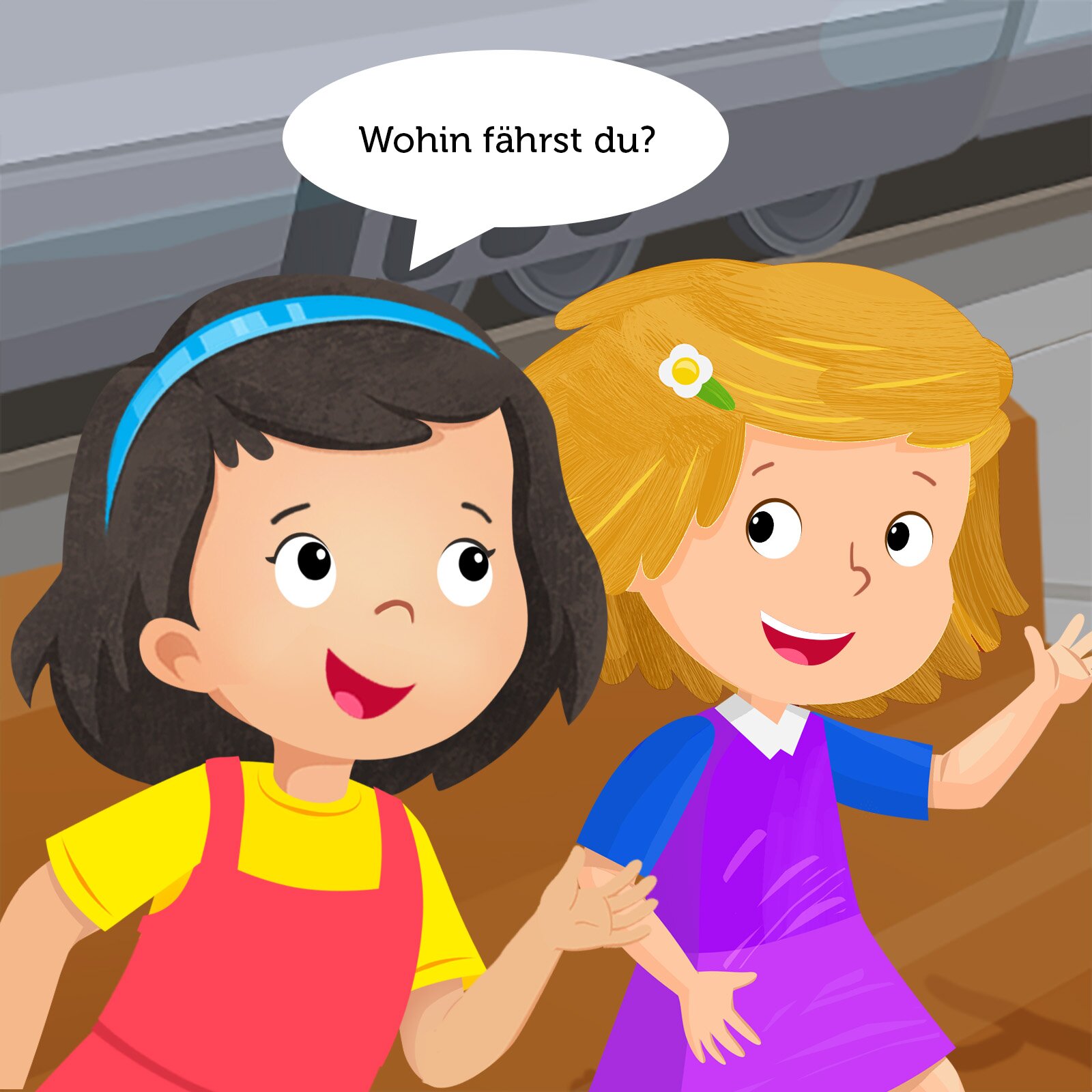 Ilustracja przedstawia dwie dziewczynki na peronie. Jedna pyta drugą: Wohin fährst du?