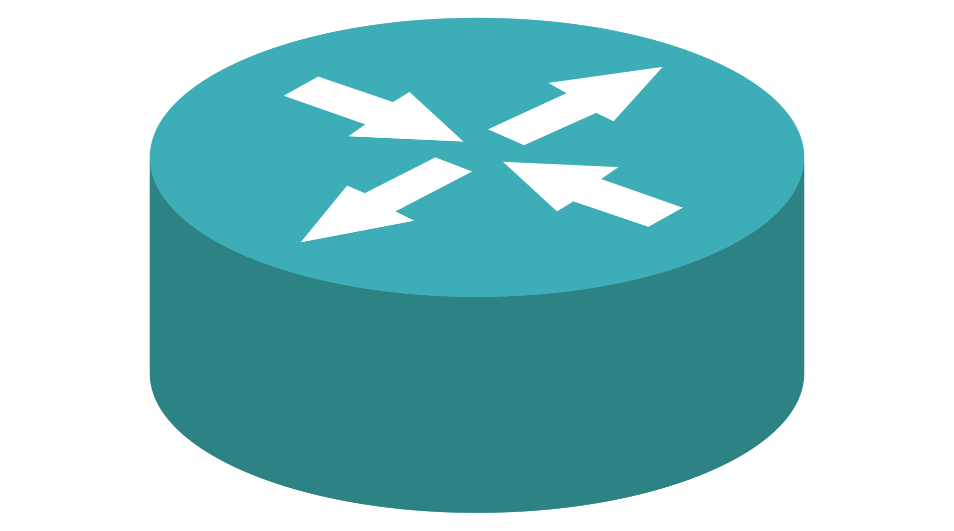 Ilustracja przedstawia ikonę rutera sieciowego. Jest to płaski walec z czterema strzałkami na szczycie zwrócone w zewnętrzną oraz wewnętrzną stronę.