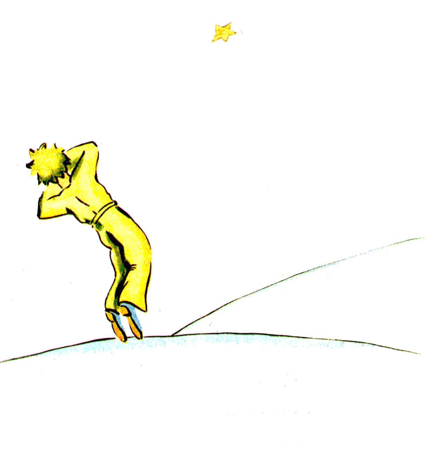 Na rysunku chłopiec w żółtym stroju i z żółtymi włosami odchyla się do tyłu. Zasłania rękami twarz. Stoi na palcach. Na niebie znajduje się żółta gwiazda. Tło jest białe.