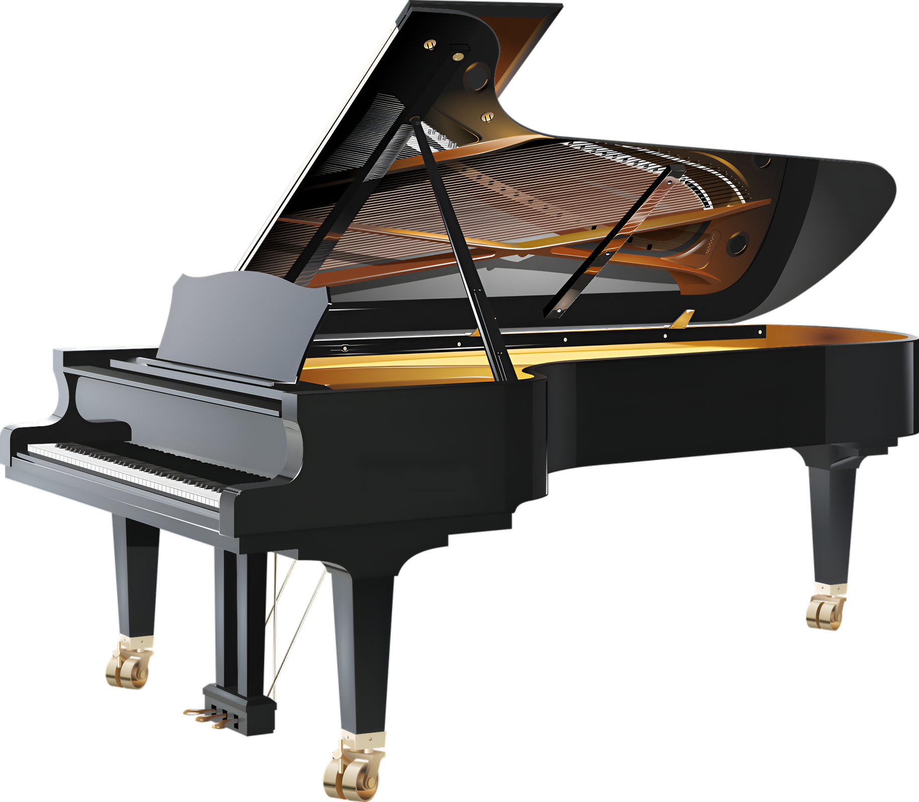 Zdjęcie przedstawia czarny fortepian. Jest to to duży instrument składający się z części, w której są ukryte struny, oraz z białych i czarnych klawiszy. W dolnej części posiada trzy srebrne pedały. Pokrywa fortepianu jest uniesiona.