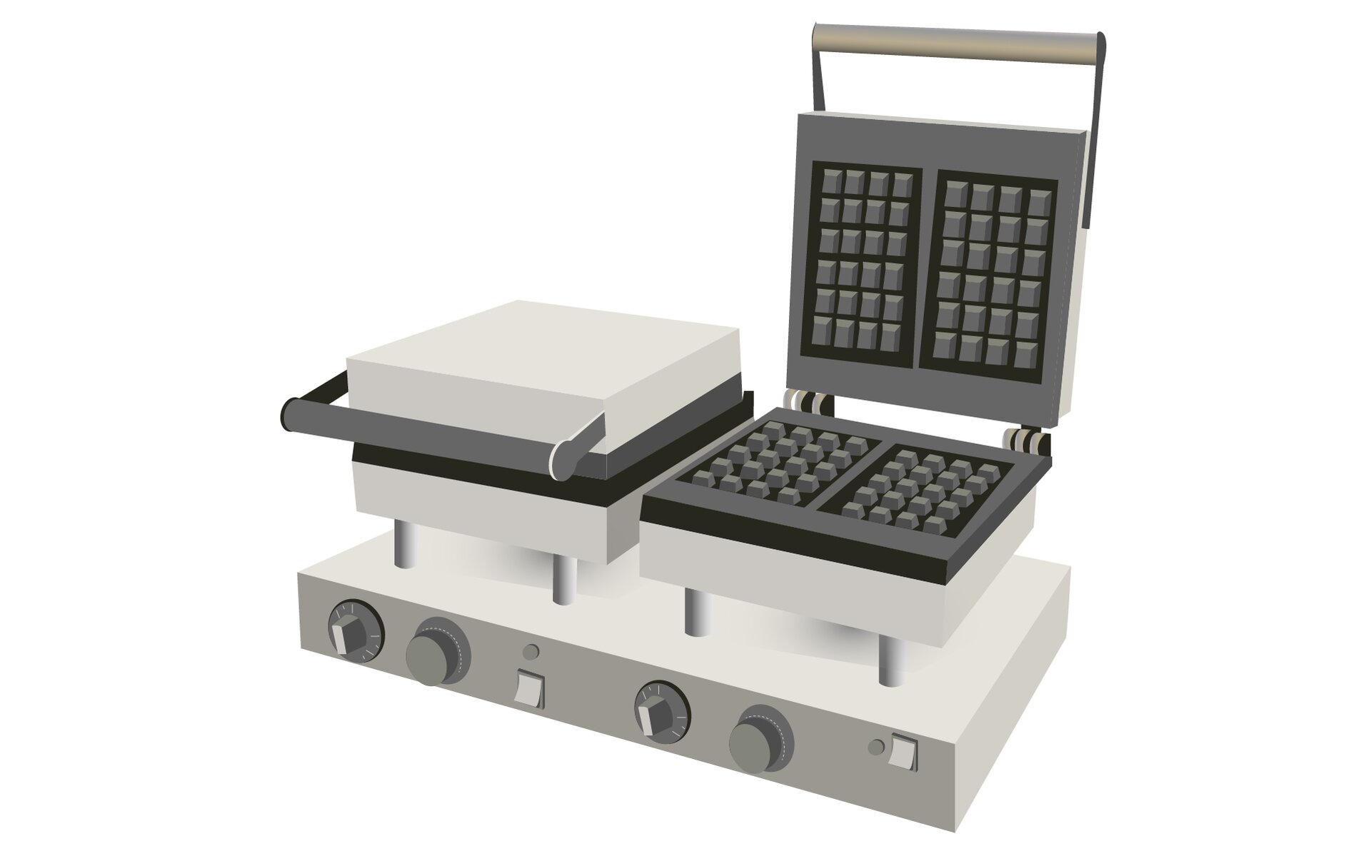 Ilustracja przedstawia dwie ustawione obok siebie gofrownice. Urządzenia stoją na podeście na którym zamontowano cztery czarnego koloru pokrętła oraz dwa przełączniki. Prawa gofrownica jest otwarta. 