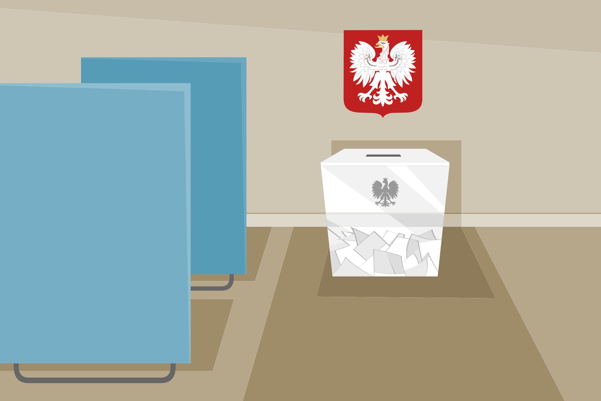 Ilustracja przedstawia pomieszczenie, w którym po lewej stronie na podłodze stoją dwa parawany, przezroczysta urna z godłem stoi pośrodku sali w urnie są karty wyborcze. Nad urną na ścianie zawieszone jest godło Polski.