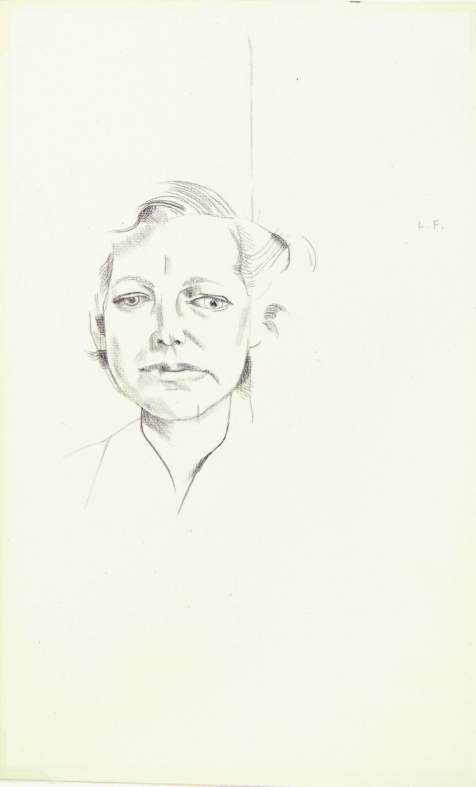 Ilustracja przedstawia pracę Luciana Freuda pod tytułem „Portret Lady Anderson”. Rysunek prezentuje postać kobiety w średnim wieku o średniej długości włosach upiętych z tyłu. Lewe oko kobiety skierowane jest lekko zauważalnie w inną stronę niż prawe. Szczęka kobiety jest niesymetryczna, podobnie jak jej usta, których jeden kącik zauważalnie opada w dół. Na twarzy kobiety widoczne są zmarszczki, szczególnie po jej lewej stronie.