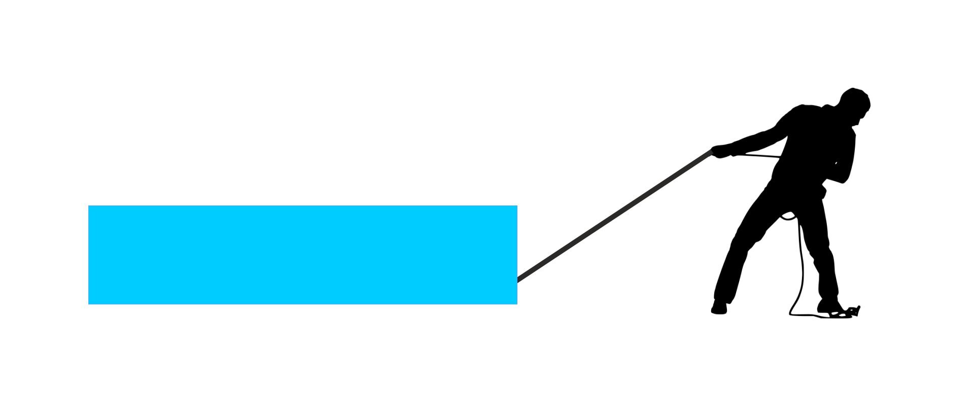 Ilustracja prostokątnego klocka ciągniętego przez człowieka trzymającego naprężoną linę.