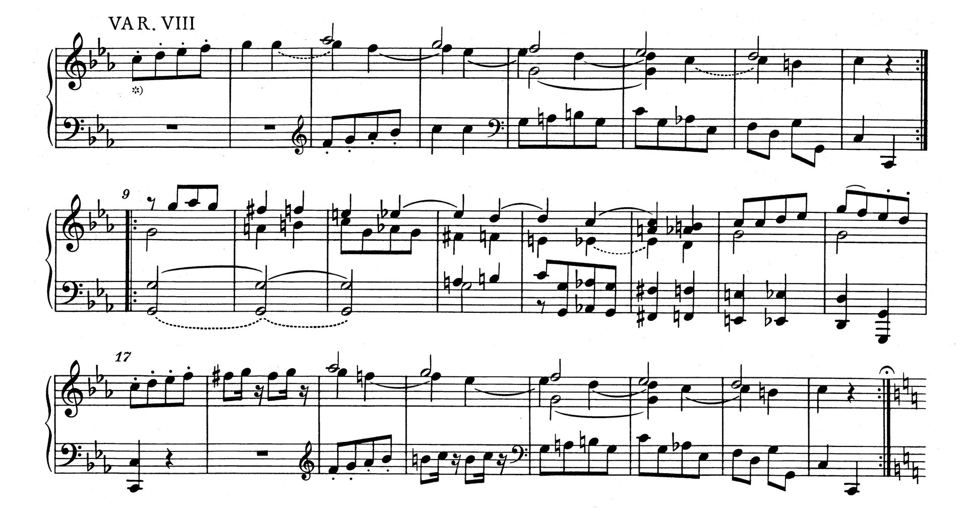 Na ilustracji zapis nutowy ósmej wariacji z utworu Wolfganga Amadeusza Mozarta pod tytułem “Ah vous dirai‑je Maman”. Zapis składa się z dwudziestu czterech taktów w metrum dwie czwarte. Przy kluczu pojawiły się trzy bemole (których nie było w zapisie tematu). Zapis jest bardziej skomplikowany, widać, że melodia pojawia się w zapisie, i prawej, i lewej ręki. Rytm utworu też jest bardziej skomplikowany, pojawiają się i ósemki i ćwierćnuty. W zapisie znajdziemy też dużo przygodnych znaków chromatycznych.