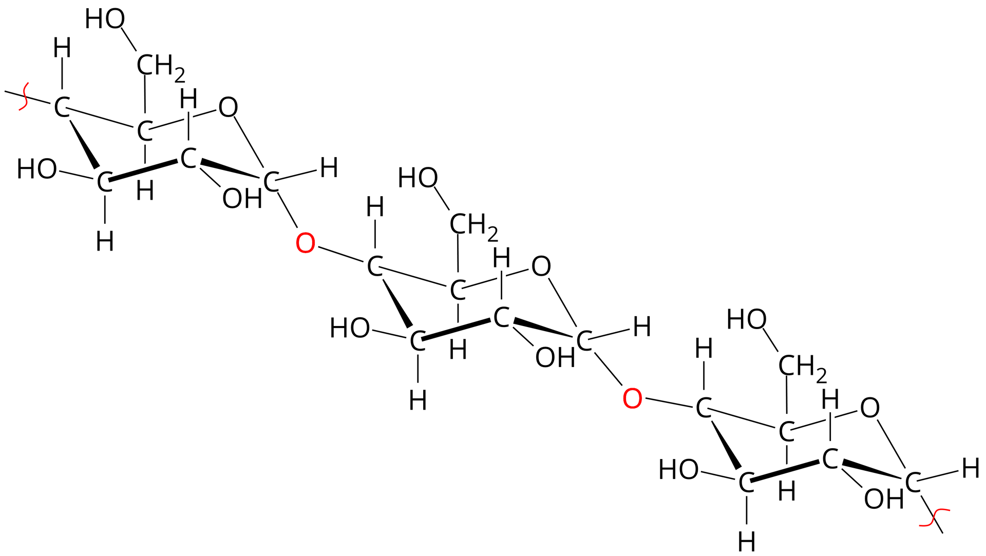 Ilustracja przedstawia fragment wzoru strukturalnego amylozy. Jest to nierozgałęziony łańcuch złożony z połączonych mostkami tlenowymi pierścieni glukozy. Wzór sumaryczny związku można zapisać jako C6H10O5 n razy wzięte.