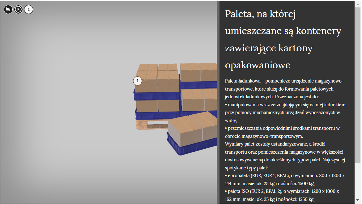 Ilustracja przedstawia widok dodatkowych informacji. Dodatkowe informacje pojawiają się po kliknięciu w punkt interaktywny znajdujący się na modelu. Obok modelu palety widoczna jest ramka z tekstem.